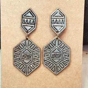 Silver Tone Post Earrings Tribal Rhombus-Shaped Hexagon Geometric Vintage